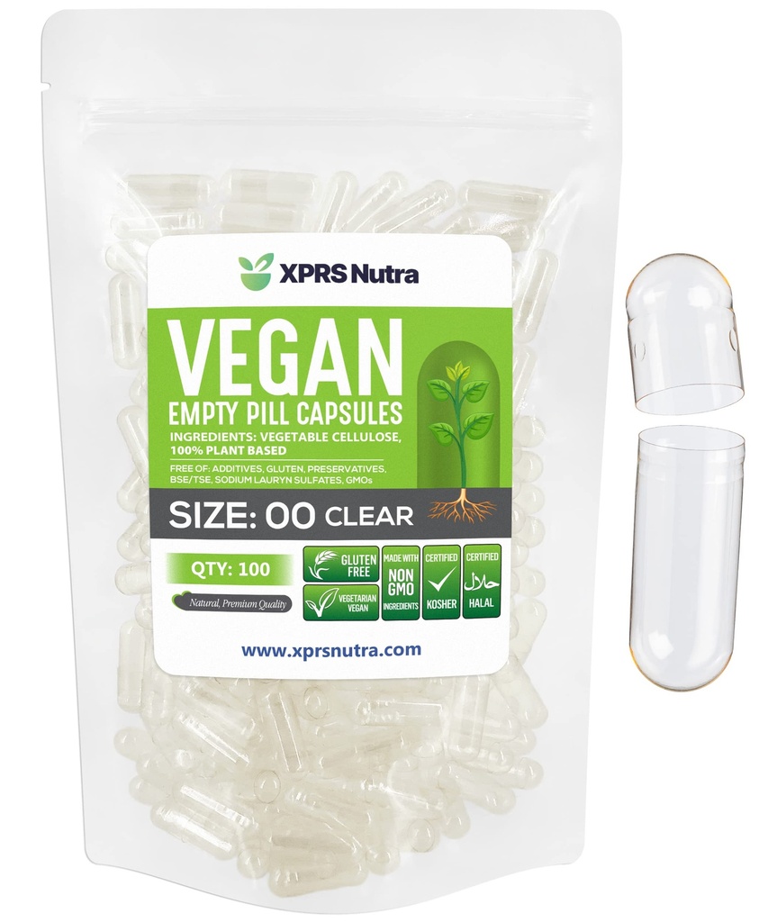 XPRS Nutra Size 00 Empty Capsules - 100 Cuentas Clear Empty Vegan Capsules - Vegetarian Empty Pills - DIY Vegetable Capsule Filling- Veggie Pill Caps
