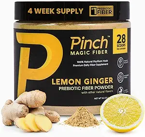 Pinch Magic Sugar Free Fiber Powder – Light Lemon Ginger Psyllium Husk with Bromelain & Vitamins C & D – Vegan, Gluten-Free, Clean Label, USA-Made, GMP-Certified – 28-Day Supply
