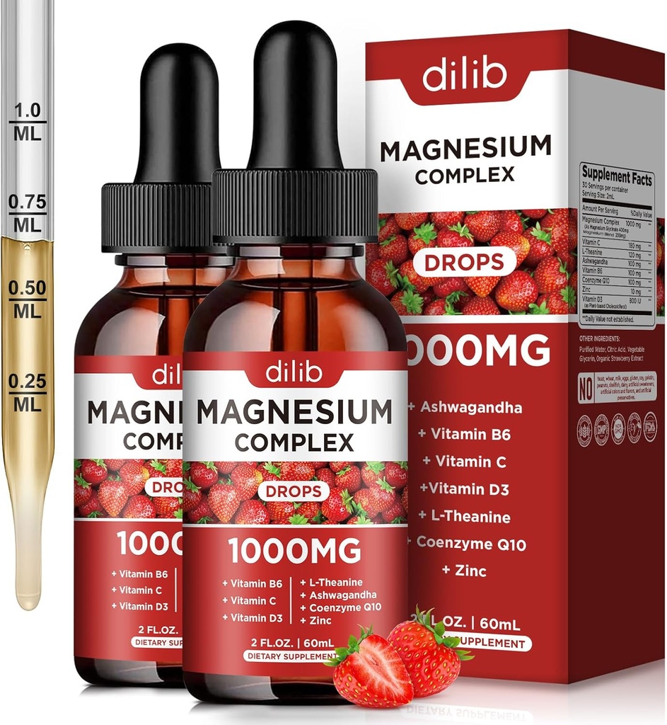 Suplemento Complejo de Magnesio Triple, Glycinate de Magnesio, Blend, Citrate Liquid Drops 1000mg con Ashwagandha, CoQ10, Vitamina B6, C, D, Zinc -Apoyo Calm Stress Relief, Bone, Muscle, Mood 2 Pack