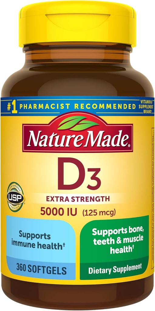 Nature Made Vitamina D3 5000 UI (125 mcg) Softgels, Extra Strength Vitamina D Suplemento de Bone e Immune Health Support, 360 Conde, 360 Day Supply