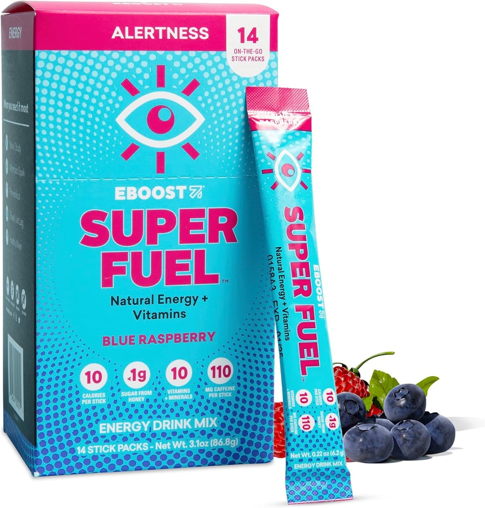 EBOOST Energy Drink Powder, Super Fuel - Blue Raspberry, 14 Packets - Pre-Workout Powder Energy Drink Mix - Natural Energy, L-Tyrosine, L-Theanine & Vitamins - Preworkout for Women &amp; Men to Go