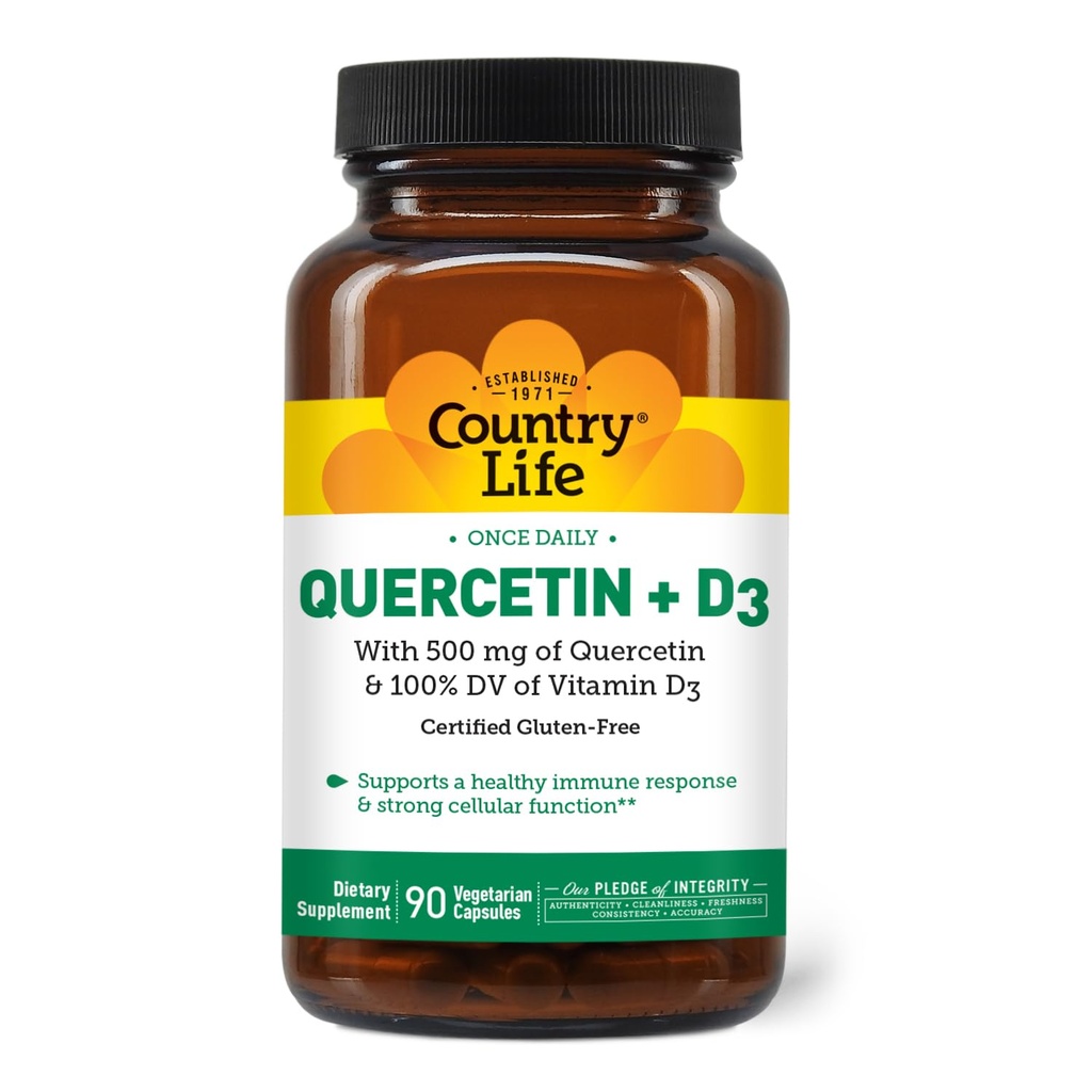 Country Life Quercetin 500mg cápsulas con vitamina D3 800 UI – Suplemento de Apoyo Inmunitario para Adultos – Boosters diarios de inmuno – Quercetin Immune System Boost, 90 cápsulas