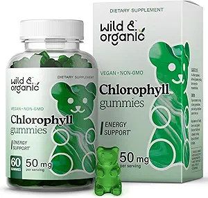 Wild & Organic Chlorophyll Gummies 50mg - Detox Cleanse Supplements w/Sodium Copper Chlorophyllin - Internal Deodorant w/Chlorophyll Powder - Vegan, Non-GMO - 60 Herbal Chews
