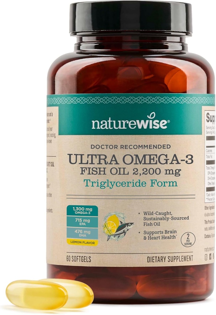 NatureWise Ultra Omega 3 Fish Oil 2200 mg - Forma Triglyceride - Limón Flavor - Aceite de pescado silvestre + EPA & DHA - Asistencia Cerebro &amp; Salud del corazón - Burpless, Non-GMO - 60 Softgels[1-Month Supply]