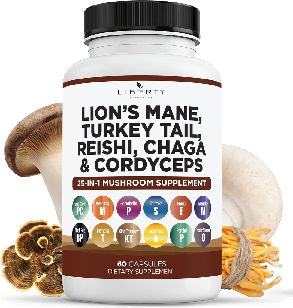 León Mane Mushroom Suplemento con Turquía Tail Reishi Cordyceps Chaga con Marshmallow Root - 1-Pack