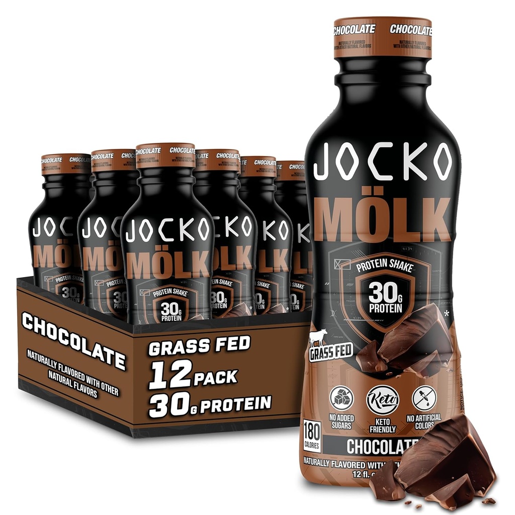 Jocko Mölk 30g Grass Fed Protein Shakes – No Añadido Sugar Protein Drinks KETO Friendly - Listo para beber 12 FL Oz (Pack of 12) Chocolate