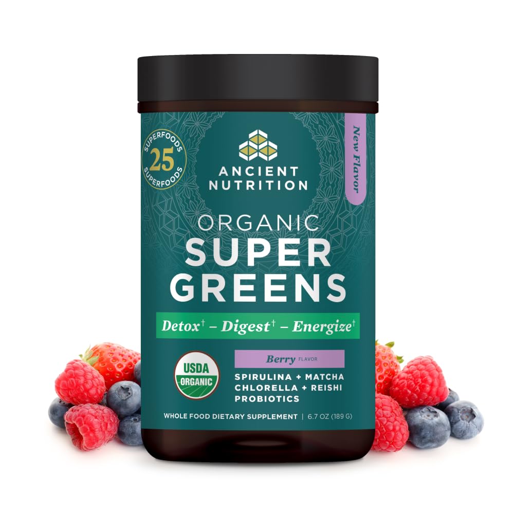 Antigua Nutrición SuperGreens Polvo con Probióticos, Verdes de Sabor de Berry Orgánica, Hecho de Frutas Reales, Verduras y Herbs, Apoyo Digestivo y Energético, 25 Servimientos, 6.7oz
