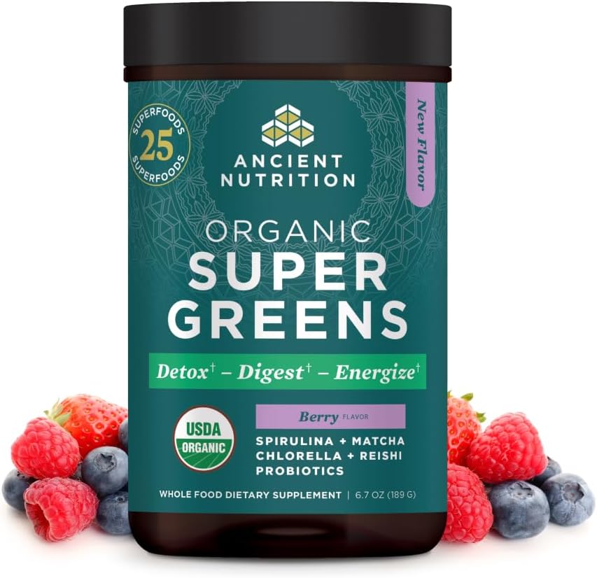 Antigua Nutrición SuperGreens Polvo con Probióticos, Verdes de Sabor de Berry Orgánica, Hecho de Frutas Reales, Verduras y Herbs, Apoyo Digestivo y Energético, 25 Servimientos, 6.7oz