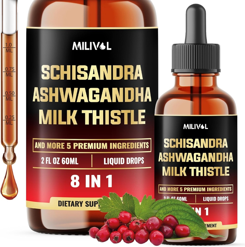 8in1 Schisandra Berry Drops with Milk Thistle, Ashwagandha, Rhodiola Rosea, Holy Basil, Artichoke, Dandelion Root & Turmeric Curcumin - 2 Fl Oz para 2 Month Supply