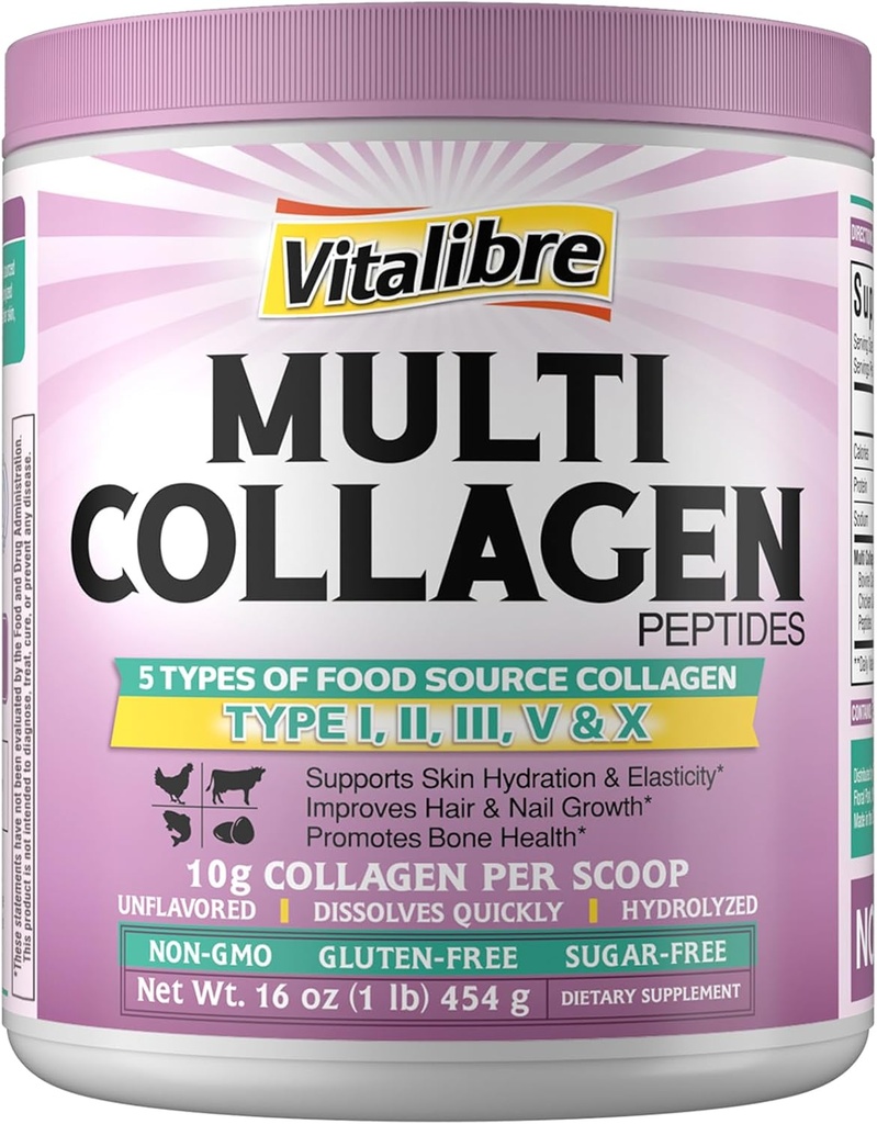 Multi Collagen Peptides Powder Tipo I II III V X, Proteína de Collagen Hidrolyzed para Mujeres y Hombres, Esquí, Pelo, uñas, Desarrollado, No GMO, Keto & GF, Azúcar Cero, 45 Servimientos, 16oz