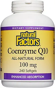 Factores naturales Coenzima Q10 - Apoyo al Antioxidante Suplementos Soportes Producción de energía celular - Ausorción mejor Ayuda Función cardíaca saludable - 100 mg, 240 Softgels (240 Servimientos)