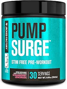 Jacked Factory Pumpsurge Caffeine Free Pre Workout for Men & Women - Nootropic Booster & Stim Free Pre Workout - Intense Pumps, Enhanced Focus - 30 Servings, Strawberry Lemonade