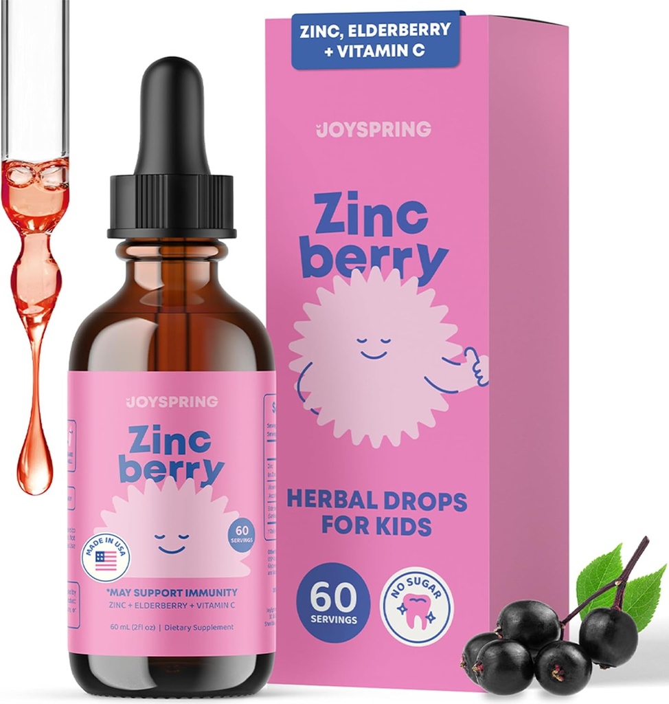 JoySpring ZincBerry - Niños Zinc &amp; Suplemento de vitaminas (2 fl oz) Immune Support Drops with Elderberry Flavor for Kids 2-16+ Años
