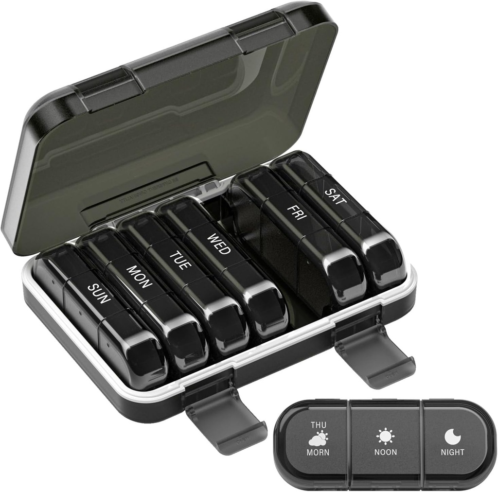 Organizador semanal de píldoras 3 veces al día, 7 días Caja de píldoras portátiles para píldoras, vitaminas, aceite de pescado, medicamentos, suplementos (3x7 Negro)