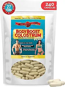 BodyBoost Colostrum Capsules (240) - Suplemento de Booster Inmunoglobulina &amp; Lactoferrina, Cápsula de Colostrum de Bovino Gras, Colostrum 100% Bovine, Super Food for Gut Health,Intake Inverse