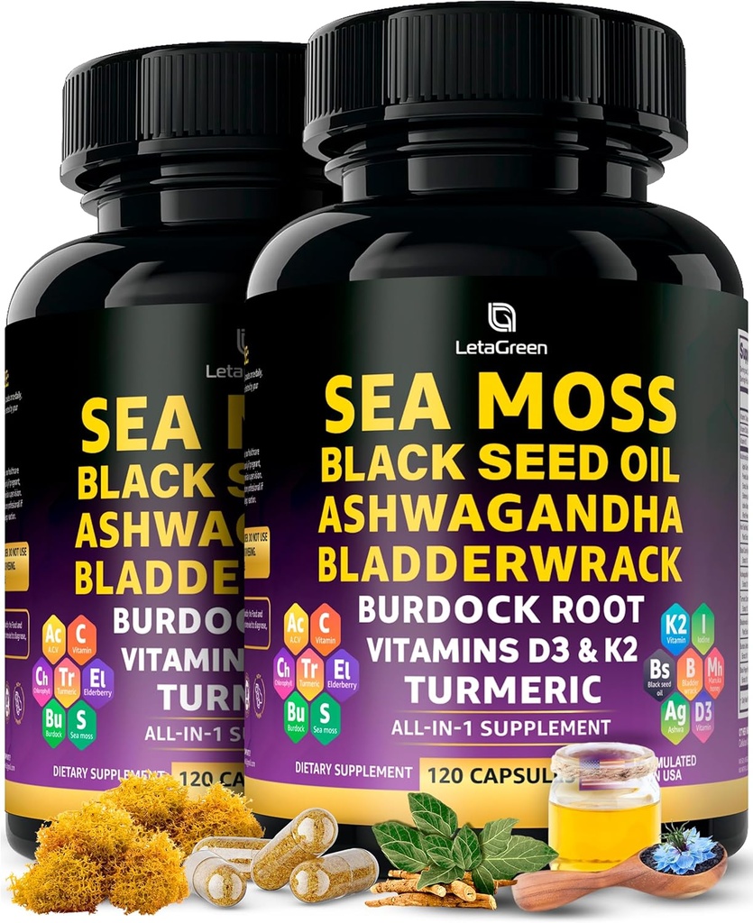 Sea Moss Capsules – 17-en-1 Blend con aceite de semilla negra Ashwagandha Bladderwrack Burdock Root Turmeric Vitamina D3 K2 C para el bienestar diario – Suplemento multimineral para hombres y mujeres – 240 Conde