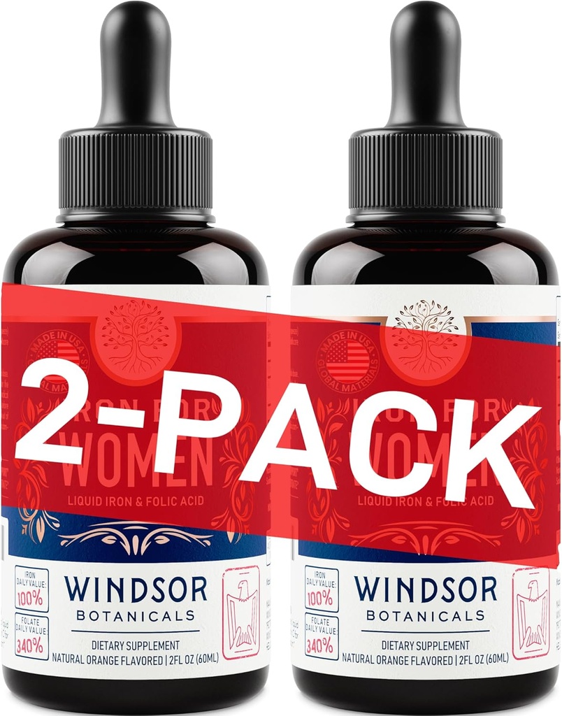 WINDSOR BOTANICALS Suplemento de Hierro Líquido para Mujeres 2-Pack - Ácido Fólico, Vitamina C, Suplementos de Hierro Líquido Vegano para Anemia, Menstruación, Apoyo al Embarazo - gotas Orange Flavor - 2x2oz