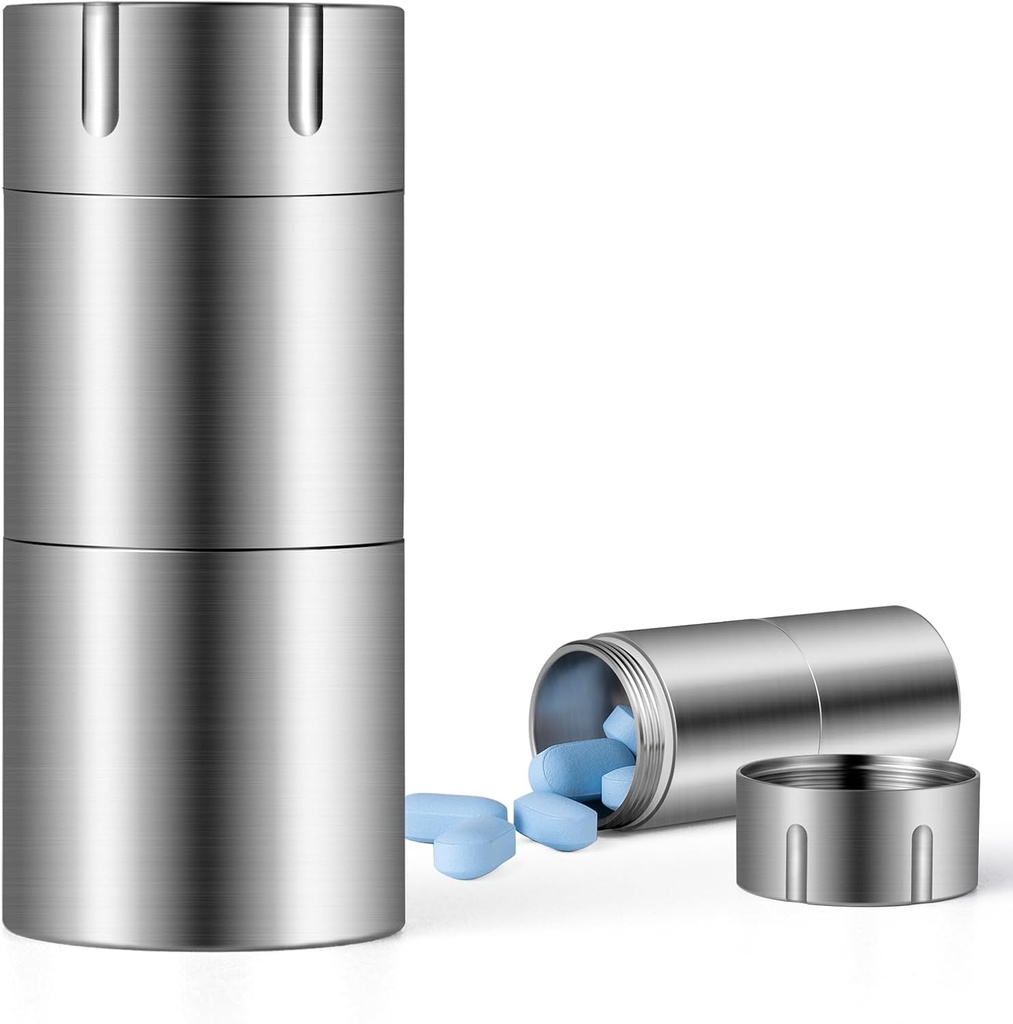 TISUR Pill Case, Titanium Keychain Pill Holder, 2 Compartimientos Caja pequeña de metal Pill Tiny Waterproof Pill Bottle Pocket Portable Pill Organizer Container for Travel Purse Outdoor (Extended Upgrade)