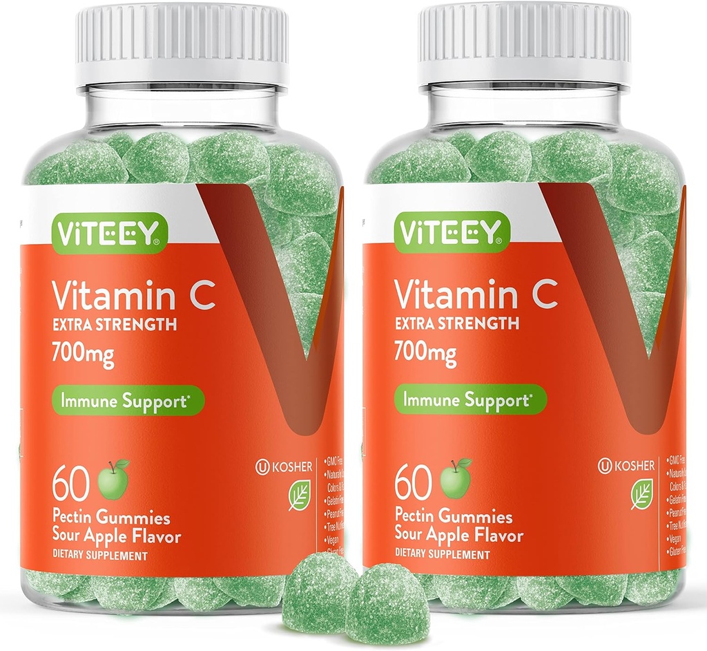 Viteey Chewable Vitamina C Gummies for Adults - 700mg Extra Strength Immune Support Suplemento - Vegan, Gluten Gratis - 120 Conde