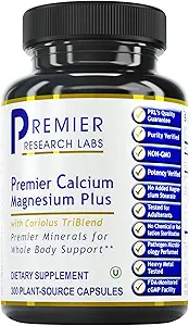 Premier Research Labs Calcium Magnesium Plus - Suplemento de magnesio de calcio, Suplemento de calcio, Magnesio puro, Complejo de baño con reishi &amp; Lions Mane - 300 Vegetarian Capsules