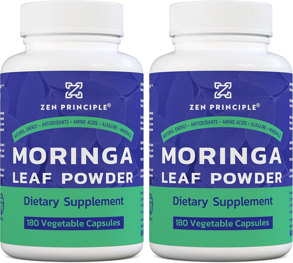 Zen Principle Organic Moringa Oleifera. Ultra-Premium. Provides an All Natural Energy Boost and Multi-Vitamin. A Raw Superfood, Vegan, No GMO and Gluten Free. 360 Capsules.