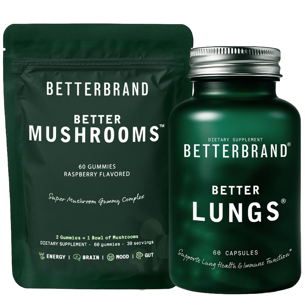 Betterbrand Better Lungs &amp; Mushrooms Bundle - Daily Respiratory Health Supplement &amp; Mushroom Gummies to Support Gut Health Bundle