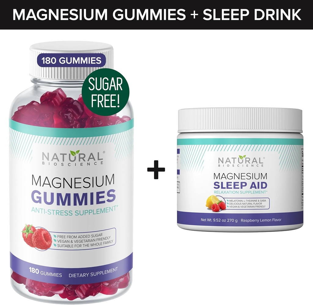Gummies de Magnesio Libre de Azúcar (180 Gummies) y la Noche de Magnesio Polvo con Citrato de Magnesio, Melatonina, L-Theanine y GABA - Vegan, Gelatin-Free, Gluten-Free, Non-GMO