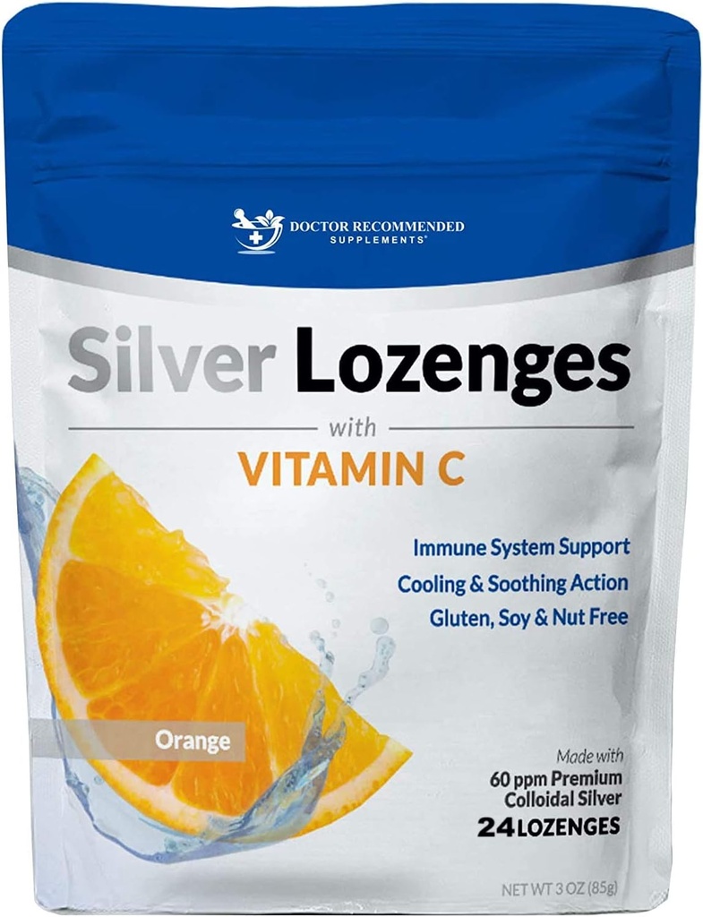 Lozenges de Plata con Vitamina C - Premium Nano Plata 60 PPM Colloidal Plata, Miel Orgánica y Vitamina C Suplemento Mineral gotas para soportar el sistema inmunológico, Soothe Cough & Throat - 24 Orange Lozenges