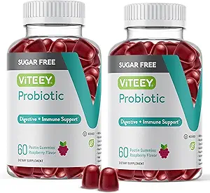 Viteey Probiotic Gummies for Women, Men &amp; Teens, 2 Billion CFUs - Sugar Gratis - Immune Booster, Digestive Support, Gut Health - Vegan, Gelatin Gratis, GMO Gratis - Tasty Chewable Raspberry Flavored Gummy