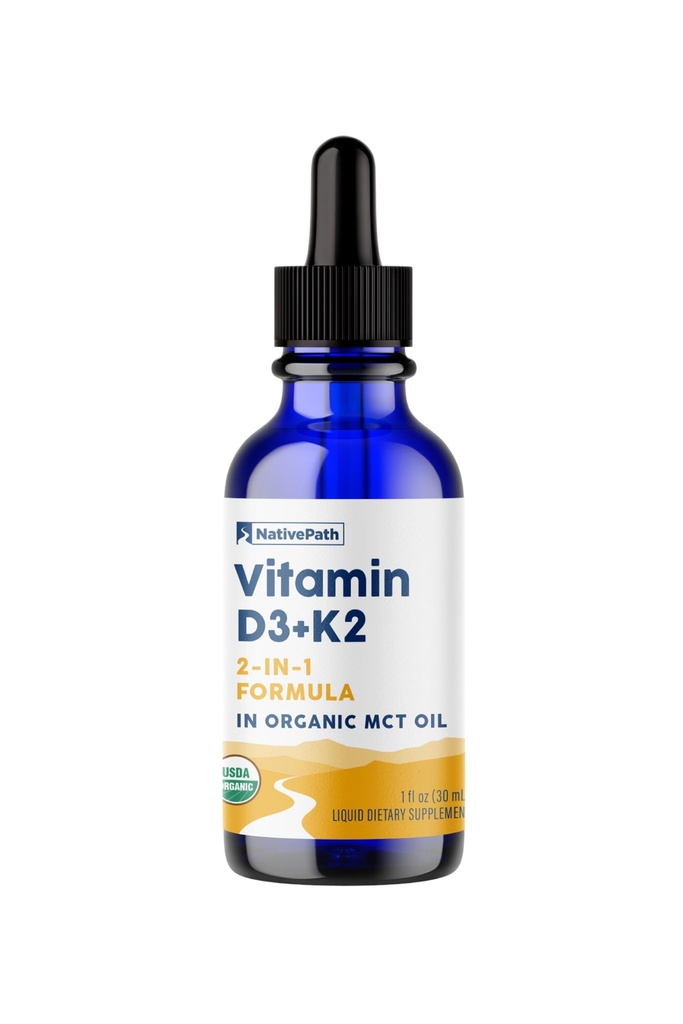 NativePath D3K2 Tincture – 2000IU Vitamin D3 and Vitamin K2 Supplement with Organic MCT Oil – 1 Fluid Ounce – Rapid Bioavailability Multi-Vitamin for Bone Strength and Total Body Wellness, 30 Servings