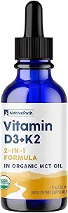 NativePath D3K2 Tincture - 1000IU Vitamin D3 and Vitamin K2 Supplement with Organic MCT Oil - 1 Fluid Ounce - Rapid Bioavailability Multi-Vitamin for Bone Strength and Total Body Wellness, 30 Servings