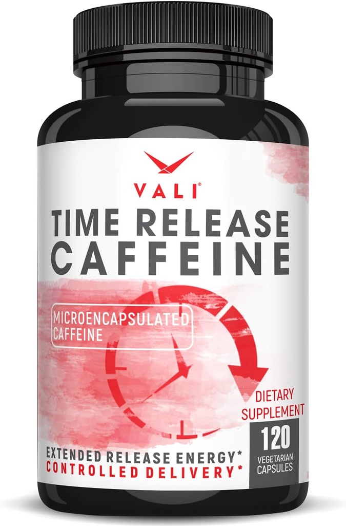 VALI Time Release Caffeine 100mg Capsules- Smart Slow Release for Extended Energy & Focus. Brain Booster Active Performance, Alertness & Clarity. 120 cápsulas de verduras