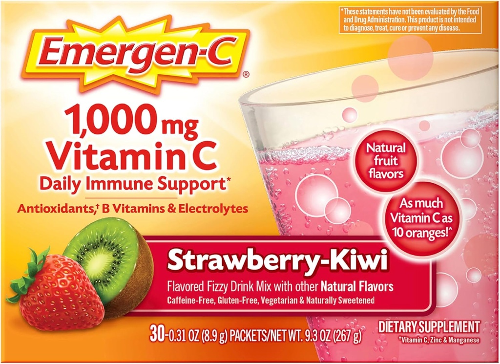 Emergen-C 1000mg Vitamina C Immune Support Powder Strawberry Kiwi 30CT incluye Zinc, Manganese, 7 B Vitaminas y Electrolitos para volver a la escuela esencial
