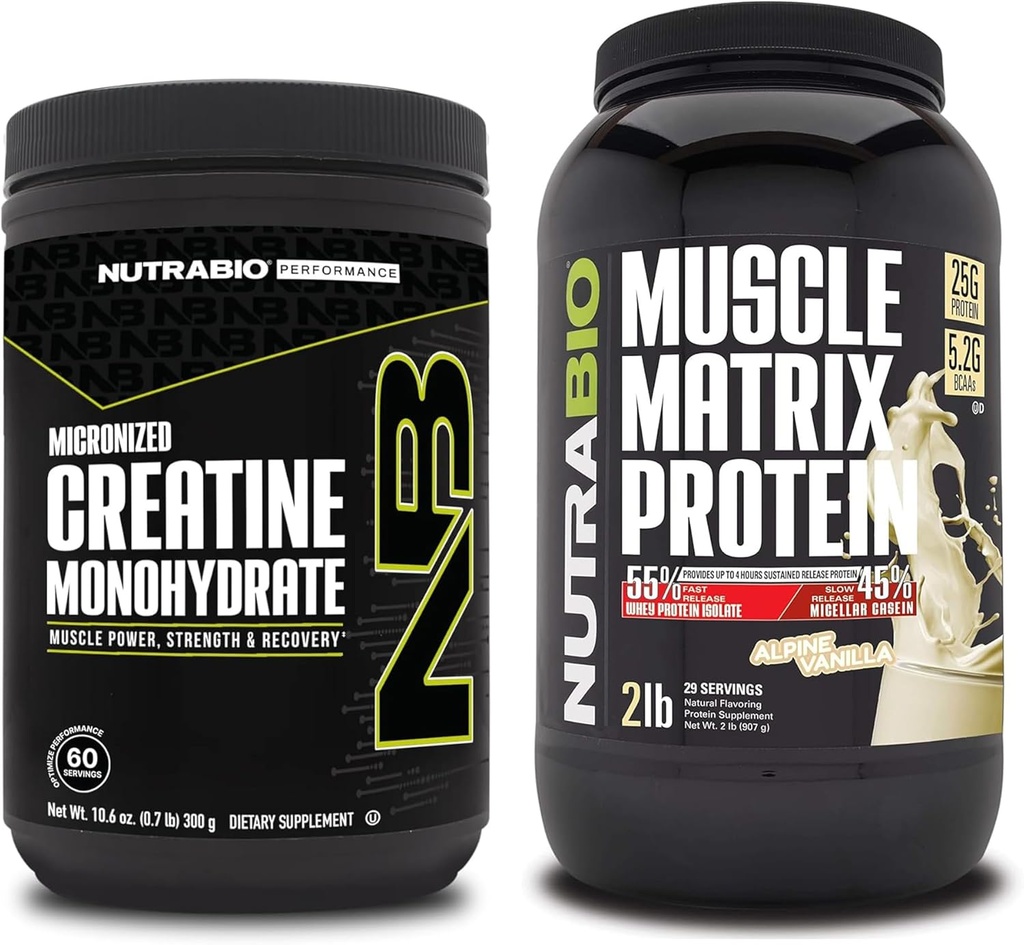 NutraBio Monohidrato de Creatina, Desflavorado, (300 g) y Muscle Matrix Protein Powder, (Vanilla) Suplemento Bundle – Muscle Energy, Maximum Growth, Recovery, and Strength