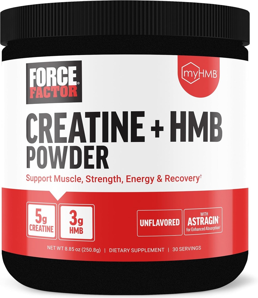 Factor de fuerza Cretina HMB Powder, 5g Cretina Monohydrate + 3g miHMB para el crecimiento muscular, fuerza, energía &amp; recuperación, con AstraGin para la absorción aumentada, desarmado, 30 servicios