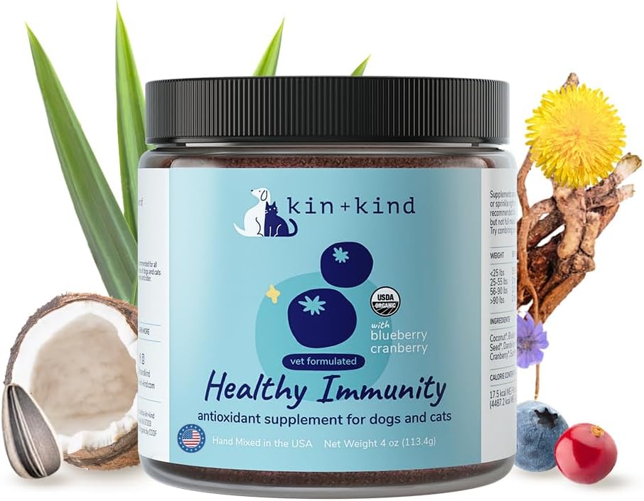 kin+kind Dog Supplement Powder - Suplemento para perros &amp; gatos para la inmunidad saludable - Soporte de la vejiga - Fórmula natural con arándano orgánico, arándano y coco - Hecho en EE.UU. - 4 oz (Medio)