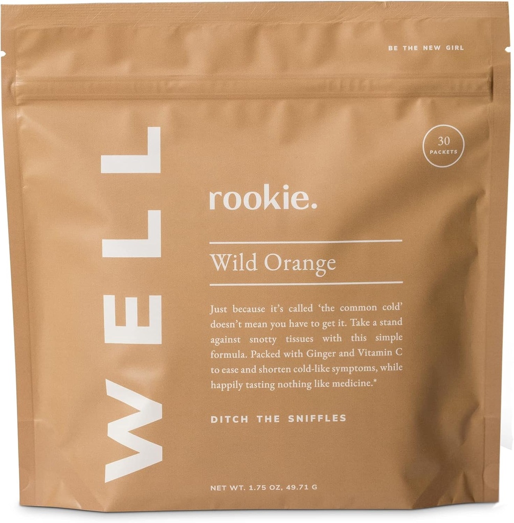 Rookie Wellness Well – Vegan Immune Support Packets con 1000 mg de vitamina C, 14 mg de vitamina E y jengibre en un sabor natural del citrus - Azúcar y Filler Gratis (30 Servimientos, Orange silvestre)