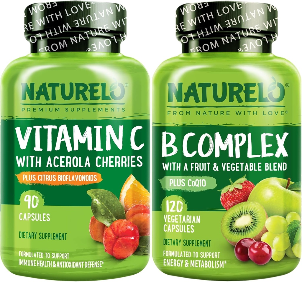 NATURELO Vitamina C Capsules, 90 Conde Vitamina B Complejo 120 Conde