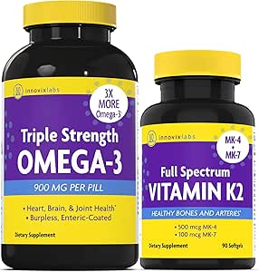 InnovixLabs Vitamin K2 & Triple Omega Bundle Full Spectrum Vitamin K2 (90 Softgels) Triple Strength Omega-3 Fish Oil (200 Softgels). Soporta huesos saludables, arterias y articulaciones. *