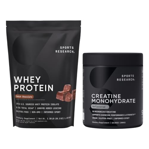 Investigación Deportiva Monohydrate Creatine (10.58 oz) y Holandés Chocolate Whey Protein (2 libras), El Duo dinámico para el edificio del músculo magro, rendimiento mejorado y recuperación de fuerza de entrenamiento