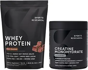 Investigación Deportiva Monohydrate Creatine (10.58 oz) y Holandés Chocolate Whey Protein (2 libras), El Duo dinámico para el edificio del músculo magro, rendimiento mejorado y recuperación de fuerza de entrenamiento