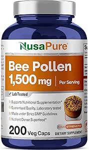 NusaPure Bee Pollen 1500mg 200 Veggie Caps (100% Vegetariano, No GMO, Vegan) Naturalmente Occurring Proteins, Aminoácidos