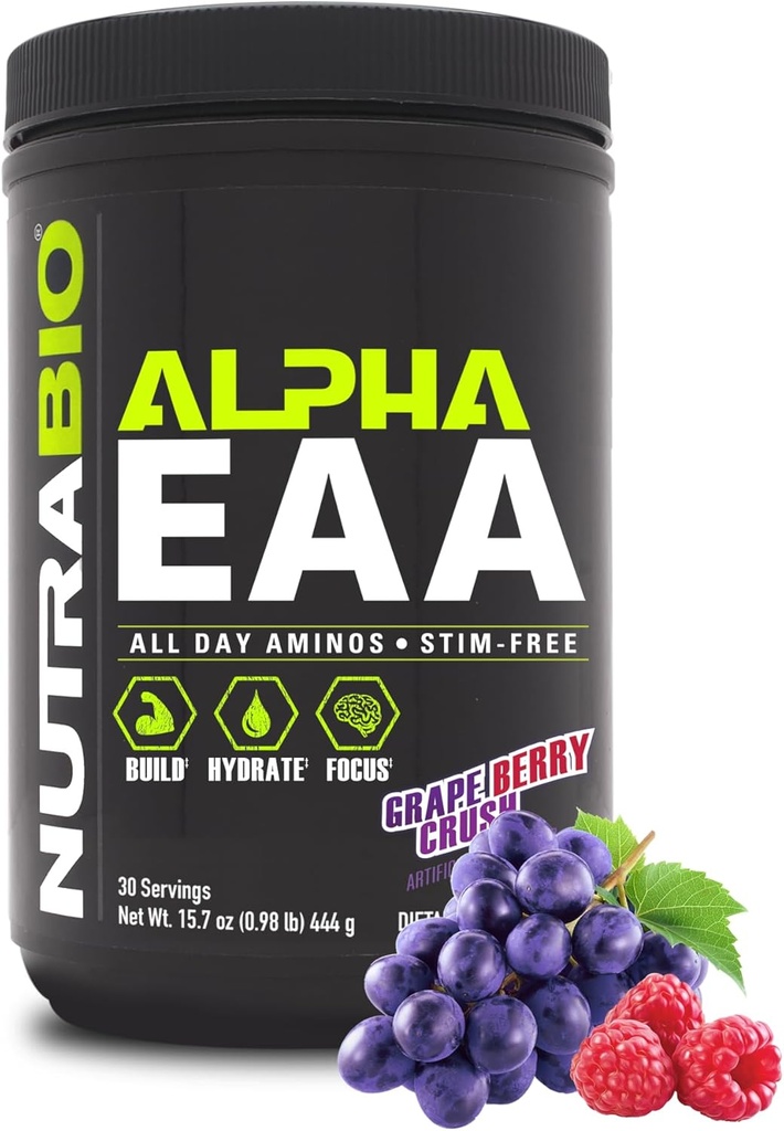 NutraBio Alpha EAA - Aminoácidos de todo el día para el crecimiento muscular y la hidratación - Aminoácidos esenciales con nootrópicos " Adaptógenos- Espectro completo EAA BCAA Polvo - 30 Servimientos - Crush de Berry de uva
