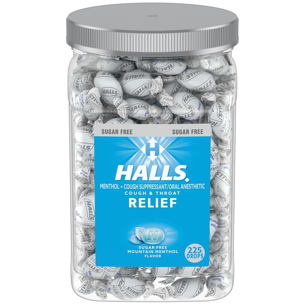 Halls Relief Mountain Menthol Azúcar gotas de tos, gotas de tos a granel, 225 gotas