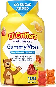 L’il Critters Gummy Vites No Sugar Added Daily Gummy Multivitamin for Ages 2+ Toddlers & Kids, Vitamin C, D3 for Immune, Strawberry and Orange Flavors, 100 Gummies