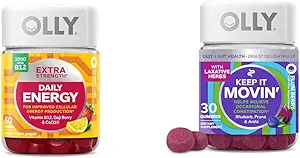 OLLY Extra Strength Daily Energy Gummy with Vitamin B12, CoQ10, Goji Berry, 60 Conde " Mantenerlo Moving Constipation Relief Gummy with Rhubarb, Prunes, Amla, 30 Conde