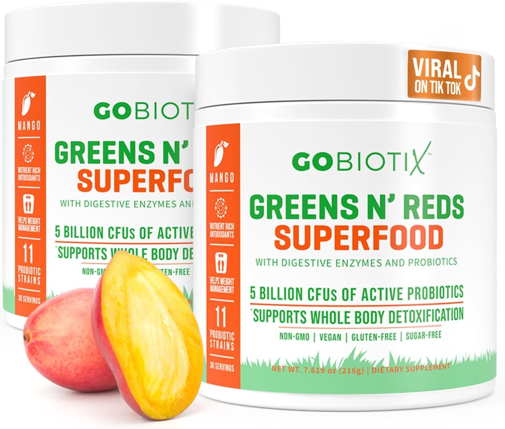 GOBIOTIX Super Verdes y Rojos Polvo - Superalimentos Rojos y Verdes - Suplemento Probiótico - Enzimas Digestivos y Polvo de Hoja - Alimentos Orgánicos enteros Suplemento dietético (Mango, 2 Pack)