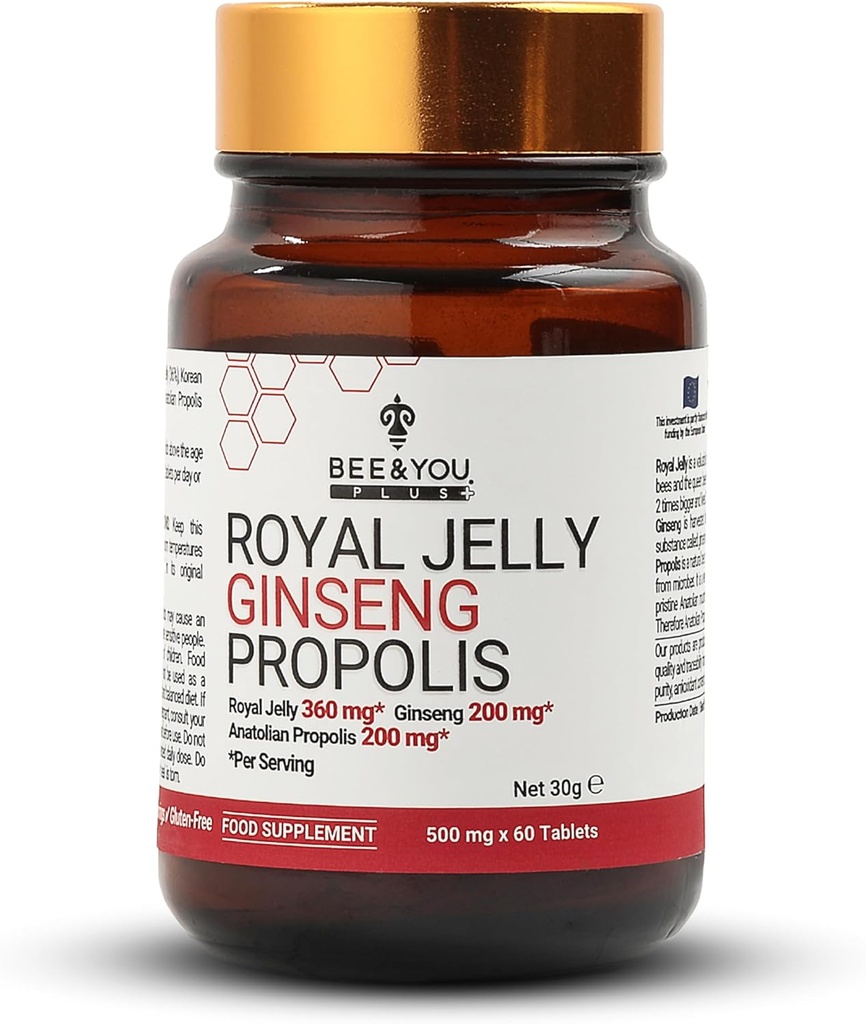 Bee y You Royal Jelly with Ginseng Tablet, Propolis Extract, 60ct, 100% Natural Superfood, Ultra Pure, Immune Support Supplement, Antioxidants, Keto, Paleo, Gluten-Free