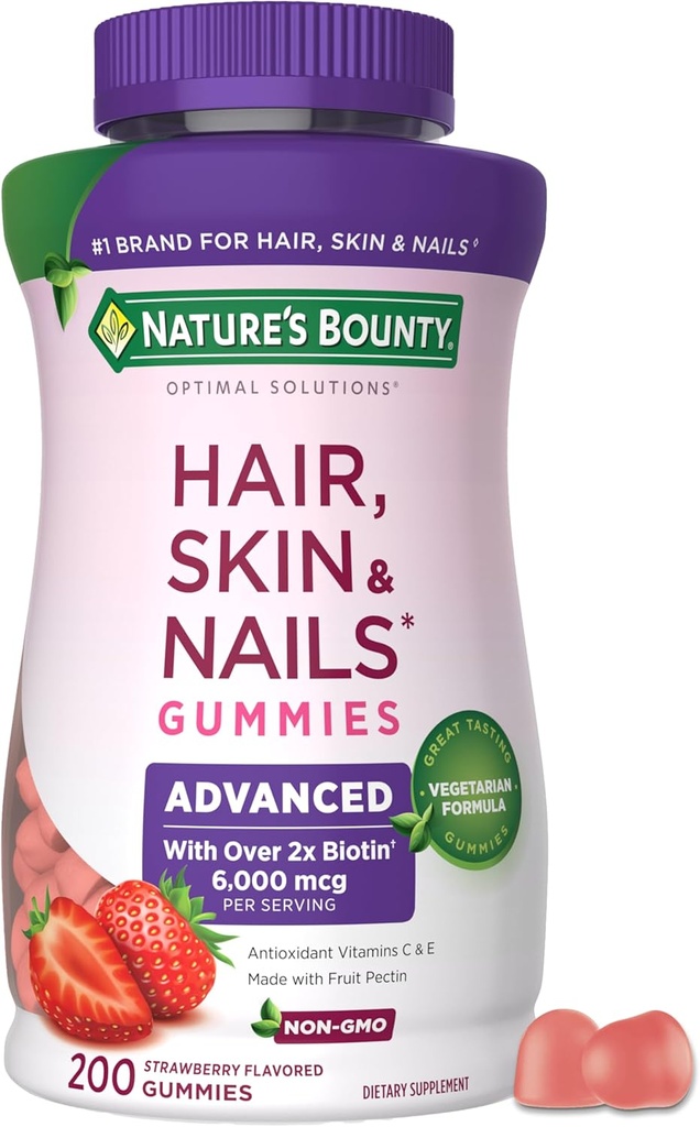 Bounty Optimal Solutions Advanced Hair, Skin and Nails Pectin Gummies, 2x Biotin Por Serving, No Stick Gummy, Vegetarian Formula, Strawberry Flavor, 200 ct, 100 Total Servings