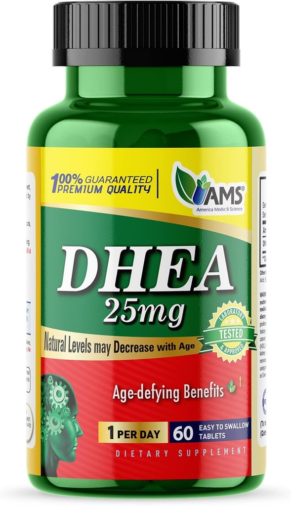 America Medic &amp; Science DHEA 25 mg (60 Tablets) ← Suplemento dietético para hombres y mujeres ← Apoyo inmunitario, Balance hormonal, Metabolismo Apoyo Silencioso